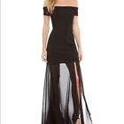 Halston Off Shoulder Formal Gown With Sheer Slit Bottom Long Black Dress Size 12
