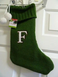 Christmas Stocking-18" Long-6" Top Opening-Initial "F"-Green Knit-NWT - Picture 1 of 6