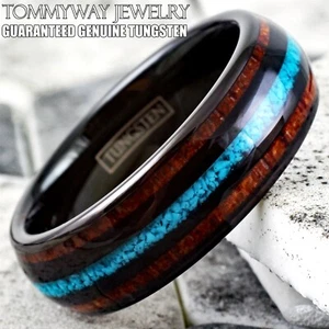 8mm Black Tungsten Koa Wood w/ Crushed Turquoise Stripe Men's Wedding Band Ring - Picture 1 of 11