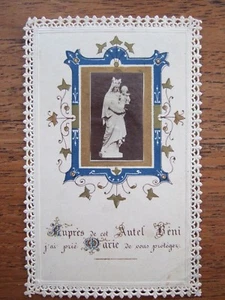 Antigua tarjeta de encaje sagrado - fotografía de estatua de la Virgen y el niño A39 - Imagen 1 de 2