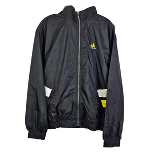 Adidas Men Medium Black Windbreaker Jacket Full Zip Packable Hood Striped - Picture 1 of 8