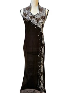 Kim Lai Silk Formal Gown Beading Sequins Dark Brown w/Leaf Details Beautiful - Picture 1 of 5