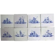 8 Antique Dutch Delft Blue & White Pottery Square Shepherd Tiles 19th century