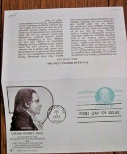 #UY27 CAESAR RODNEY  AMERICAN REVOLUTION 1976 FLEETWOOD first day reply card