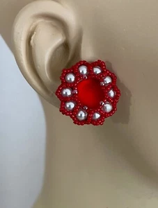 Red Handmade Beaded Faux Pearls Earrings Stainless Steel backs Butterfly Closure - Picture 1 of 6