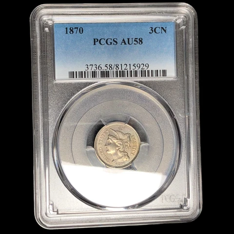 1870 PCGS AU-58 3 Cent Nickel Piece  IKG W0145 Cover