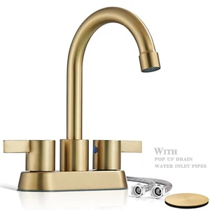 Brushed Gold Bathroom Sink Faucet 3Hole 4in Centerset Vanity Mixer with Drain - Picture 1 of 16