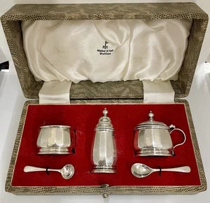 Walker & Hall Sheffield Antique Solid Silver Cruet Condiment set Original Case - Bild 1 von 9