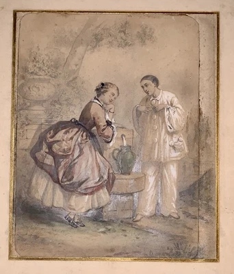 Dessin Ancien Aquarelle Et Crayon Pierrot Et Colombine XIXEME - Photo 1/4