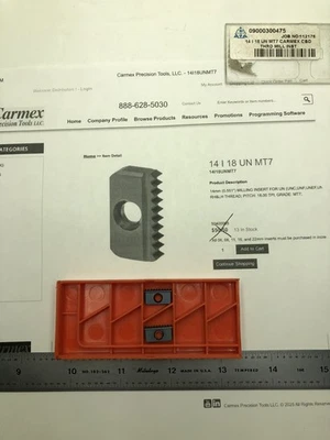 Carmex 14 I 18 UN MT7 Thread Mill Insert's - LOT OF (2) PCS See Photo's - Image 1 of 4