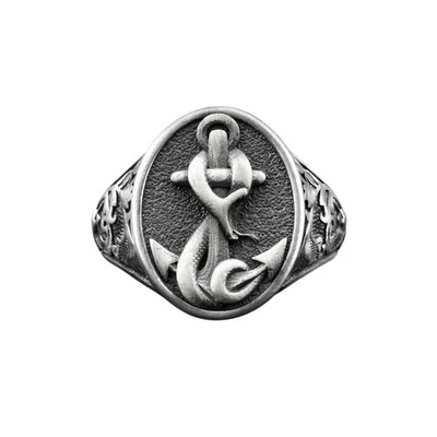 Anello da uomo in argento con sigillo di ancoraggio e serpente, anelli da... - Immagine 1 di 4