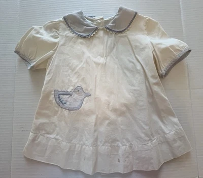 Vestido de Colección Bebé/Niño Pequeño, Aplique de Pato Azul/Blanco, Botón Trasero, Algodón, Talla-2-3�� Foto 1 de 4