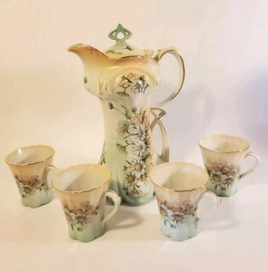 Cioccolatoera alta stile Limoges Cina con coperchio e set da tè 4 tazze dipinto a mano - Foto 1 di 24
