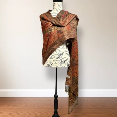 Reversible Silk Pashmina Brown Green Paisley Shawl Wrap Scarf Fringe Boho - Image 1 of 4
