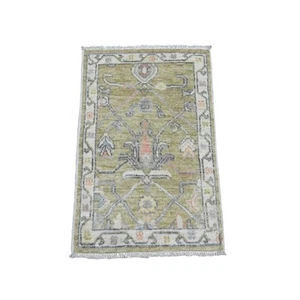 2'x3' Green Hand Knotted Afghan Angora Oushak Vines Design Wool Mat Rug G20334 - Picture 1 of 6