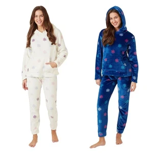 Ladies Fleece Pyjamas Pajama Set With Hood Snowflake PJs Size 8-18 - Picture 1 of 9