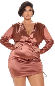 Fashion Nova Plus Size Women 1X Mini Dress Satin Ruched Shoulder Pads Sexy Cowl - Picture 1 of 4