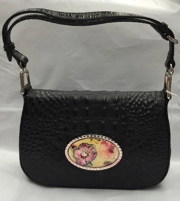 Debbie Brooks 手提包 钱包 单肩包 Magnafab 黑色皮革 Croc 压花 — 第 1/4 张图片