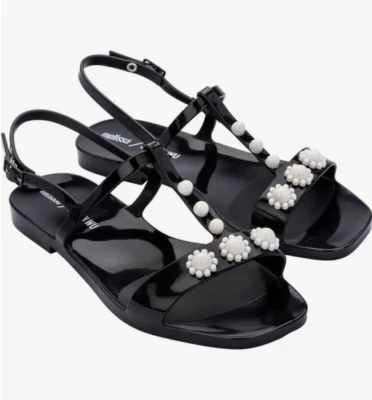 Melissa + Jason Wu White Daisy Beaded T-Stap Flat Jelly Sandals size 10 New - Image 1 of 4