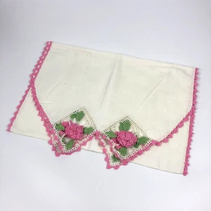 Vintage handgenähter Kommode Schal rosa 3D Blumen & rosa Häkelkanten 18"x38" GORG - Bild 1 von 7