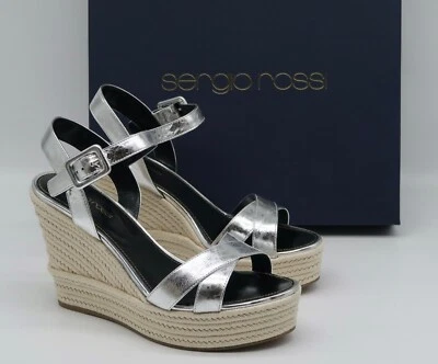 Sandalias para mujer Sergio Rossi de cuña alta con correa abierta de cuero plateado EU 35 NUEVAS Foto 1 de 4