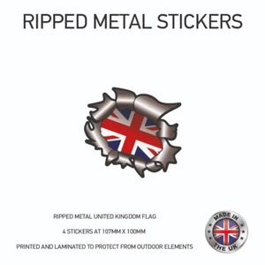 4 ADESIVI bandiera metallo strappato Regno Unito 107 mm x 100 mm paraurti Regno Unito auto RMS04 - Foto 1 di 1