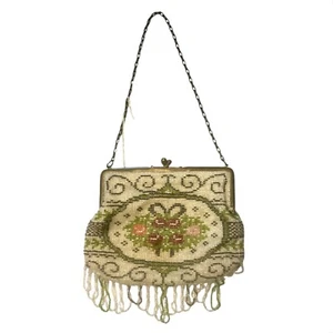 ANTIQUE VICTORIAN MICRO GLASS BEADED PURSE WITH FRINGE VERY GOOD CONDITION  - Picture 1 of 4