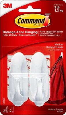 Command Medium Designer Hooks, 2 Hooks and 4 Command Strips, Damage Free Hanging - Image 1 of 4