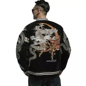 Men's Coats Souvenir Jacket Japanese Retro Embroidery Sukajan Velvet Dragon - Picture 1 of 17