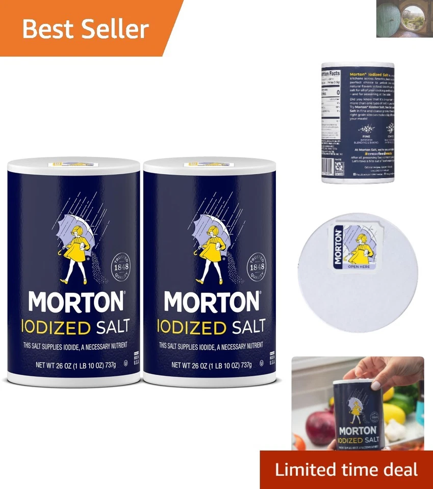 Morton Iodized Salt Round Cans All-Purpose Pack of 2 26 Oz
