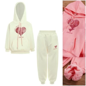 Kids Girls Tracksuit Heart Print Hooded Outfit Sweatpants Running Sweatshirt - Picture 1 of 36