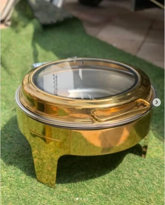 ROYAL 6,5L Edelstahl Flat Top Chafing Dish Glasdeckel Wärmer Servieren Gold