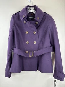 Black Rivet Gill Women’s Pea Jacket Medium Purple Double Metallic Buttons Belted - Picture 1 of 13