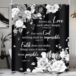 Black Floral Shower Curtain 60Wx72H Vintage Christian Shower Curtain - Picture 1 of 1