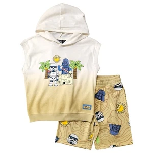 Star Wars Boys Beige Sleeveless Yoda Hooded Sweatshirt & Shorts Outfit - Picture 1 of 2