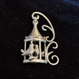 Vintage Brosche Lang Love Birds im Käfig Sterling Silber signiert Anstecknadel 1950 - Bild 1 von 7