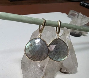 14k Solid Gold Large Labradorite Earrings - bezel set blue flash! - Picture 1 of 10