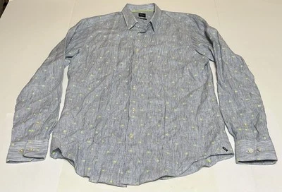 Hugo Boss Shirt Mens 98% Linen Blue Stripe With Neon Green Large Slim Button Up - Image 1 of 4