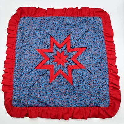 Handgefertigt Gesteppt Stern Quadrat Überwurf Kissenbezug Dekorativ 16" Rüschen Rot/Blau - Bild 1 von 4