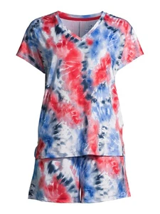 SECRET TREASURES PYJAMA SHORTS SET V-AUSSCHNITT TIE DYE ROT BLAU WEISS 3X SHORTS - Bild 1 von 3