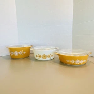Vintage Pyrex Schmetterling Gold 471 472 473 Kasserolle Ofengeschirr Geschirr Set & Deckel USA - Bild 1 von 12