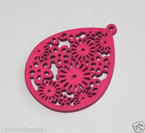 10 Colgante de Lágrima de Madera Tallada con Patrón de Flor 51x39x3mm Rosa Fucsia - Imagen 1 de 2