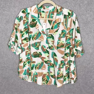 Jane Delancey Shirt Large White Button Palm Tropical Hawaiian Cuff Camp Cuban - Picture 1 of 8