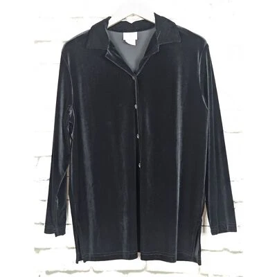 LO ÚLTIMO ALGODÓN Lagenlook Negro Terciopelo Botón Delantero Túnica Camisa Chamarra Talla Grande Foto 1 de 4