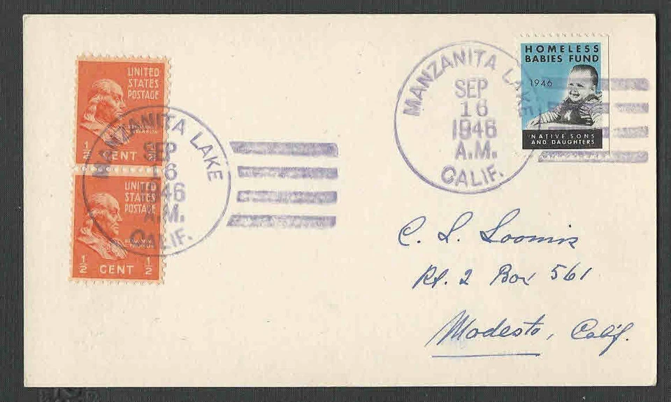 1946 PC #803 PREXY 1/2c VERTICAL PR ON POST CARD W/PURPLE MANZANITA LAKE CANCEL - Image 1 of 1