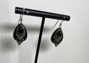 Boho Black Onyx Silvertone 4 Layer Dangle Earrings - Picture 1 of 6