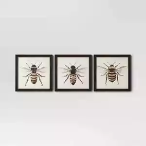 Print Canvas Set 3pk 12"x12" Bees Wall Art Canvases Modern Black Gold - Picture 1 of 4