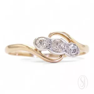 UNO DOS TRES Art Deco 18K Yellow Gold Platinum Set Old Cut Diamond Trilogy Ring - Picture 1 of 11