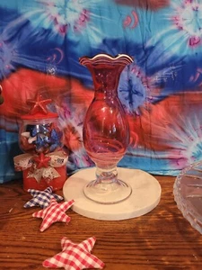 Vintage Glass Cranberry 11 Inch Vase With Milk White Swirl Design Art Glass - Picture 1 of 11
