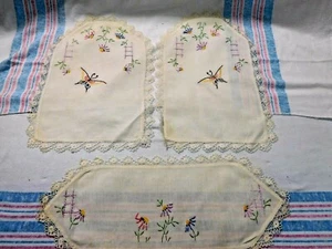 Antique 3 Piece set Embroidered Linens ~ Textiles Butterflies and Flowers #1866 - Picture 1 of 8